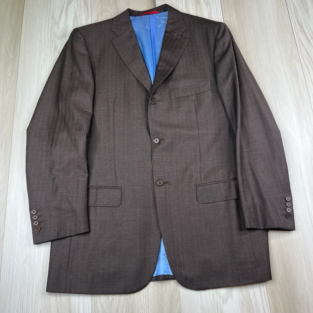 Isaia Napoli 3 Button Wool Blazer Men's Size 54 8L Brown Chalk Stripe